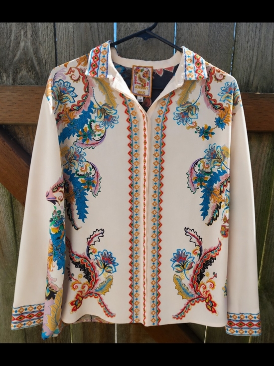 Johnny Was Tops - Johnny Was 100% Silk Embroidered Paisley Button Front Blouse Size Small